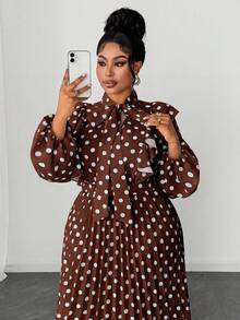 Maweii Plus Size Women Elegant Romantic Delicate French Polka Dot Wedding Guest V-Neck Chiffon Ruffle Puff Sleeve Cinched Waist Pleated Flowing Maxi Dress Dress Modest Brown Long Dress Brown Elegant Dress Women Brown Polka Dot Dress - Multicolor - View 3