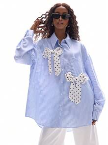 GENKIRA 蓝白条纹宽松衬衫，饰以黑白波点印花和缎面立体蝴蝶结，休闲百搭，学院风 - 彩色 - 查看 3