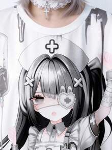 ROMWE Anime 动漫卡通病娇女孩粉色宽松圆领短袖T恤 - 黑色 - 查看 2