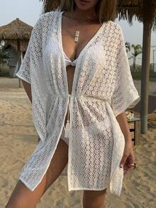 DAZY Áo sơ mi đi biển màu trắng khoét rỗng với tua rua dành cho nữ, trang phục đi nghỉ hè. - trắng - Xem 7