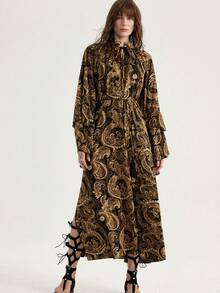 Aveloria Modichic Fashionable Boho Casual Loose Retro Black & Gold Random Cashew Flower Print Tie Neck Double Ruffle Flare Sleeve Dress With Drawstring Waist - Multicolor - View 3