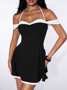 SHEIN ICON Women's Contrast Color Off-Shoulder Halter Neck Fashionable Mini Dress - Black and White - View 3