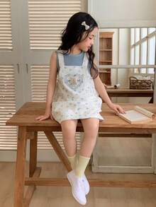 DAZY Vestido de peto vaquero informal con bolsillo, estampado floral y lazo para niña - Beis - Ver 1