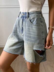 DAZY High Waisted Distressed Frayed Flare Leg Denim Shorts For Women Jorts - Light Wash - View 6