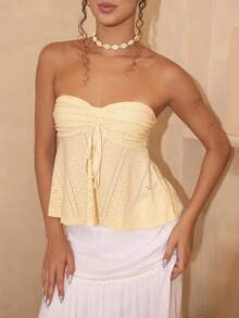 juhmazzocco Top bandeau de punto color amarillo mostaza informal para el verano - Amarillo - Ver 4