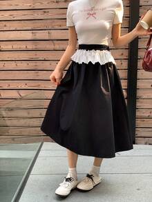 DAZY Rok Kasual Wanita dengan Blok Warna dan Hiasan Renda, Musim Semi/Panas - Hitam - View 4