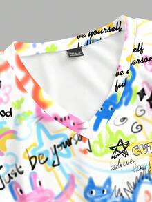 PopScrub Cartoon Graffiti Print Short Sleeve Scrub Uniform Top - Multicolor - View 4