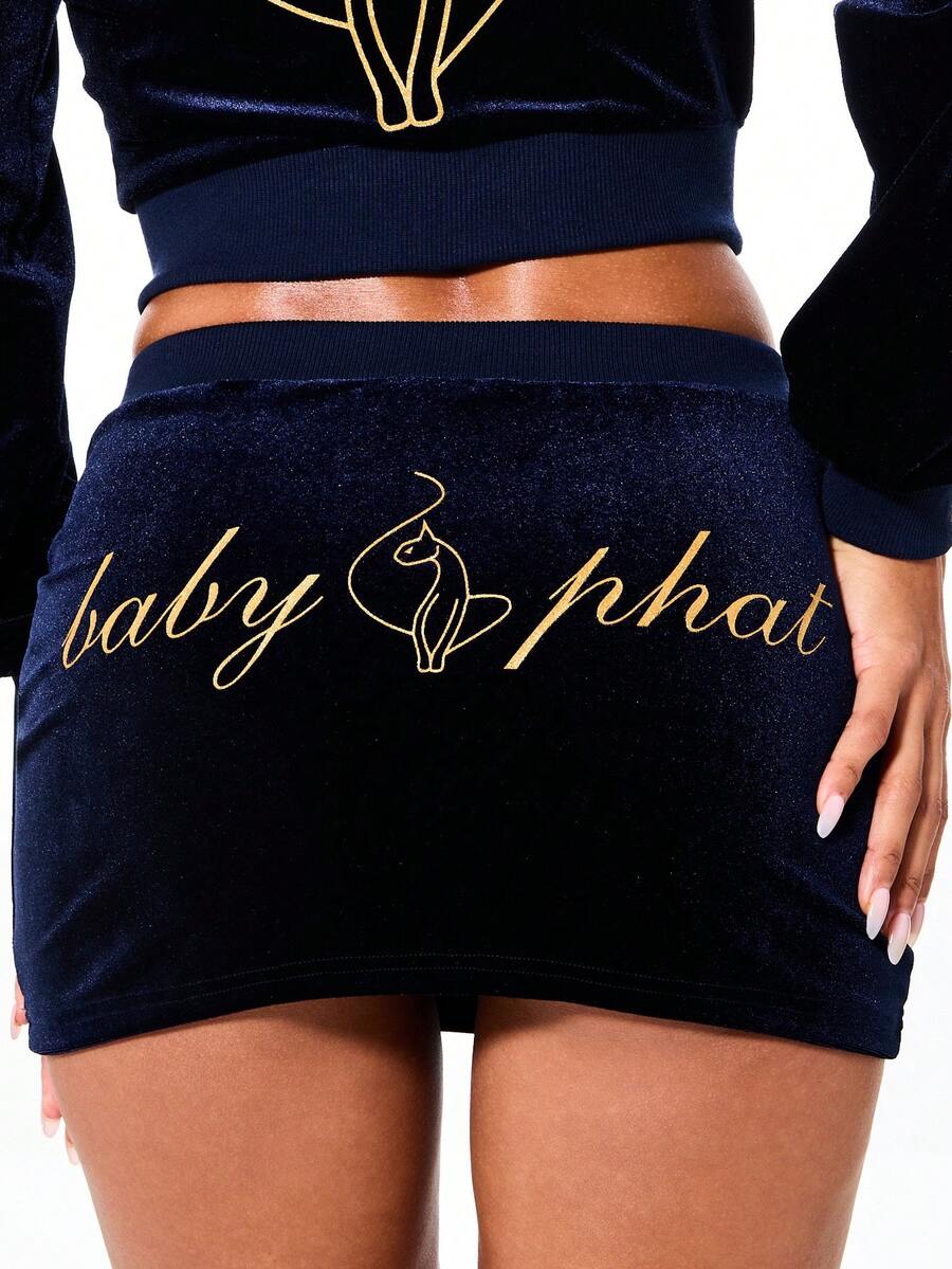 BABYPHAT Luxury Velour Mini Skirt With Gold Embroidered Cat Logo Detail Ribbed Waistband Fall Winter Fashion - Blue - View 1