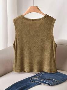 CosyJoli Plus Size Women Solid Color Vintage V-Neck Sleeveless Summer Front Button Comfortable Breathable Washed Tank Top - Brown - View 2