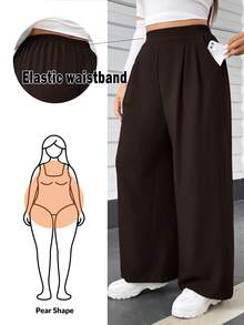 Auralis 大码女装秋冬休闲舒适宽松弹力腰灰色基础款阔腿裤，秋季女装，返校节，复古风，外出下装，曲线裤，女装搭配，秋季裤装 - 巧克力棕 - 查看 1