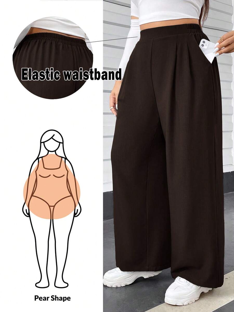 Auralis 大码女装秋冬休闲舒适宽松弹力腰灰色基础款阔腿裤，秋季女装，返校节，复古风，外出下装，曲线裤，女装搭配，秋季裤装 - 巧克力棕 - 查看 1
