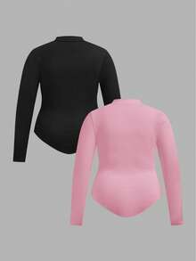 SHEIN Tall CURVE 大码女式两件套黑白半拉链高领修身休闲长袖连体衣 - 粉色 - 查看 2