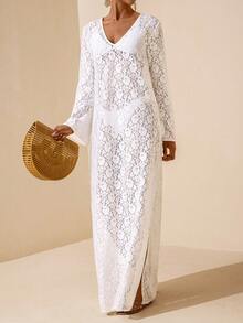 Vesra 女士时尚V领蕾丝开衩长袖连衣裙，半透明 - 白色 - 查看 1