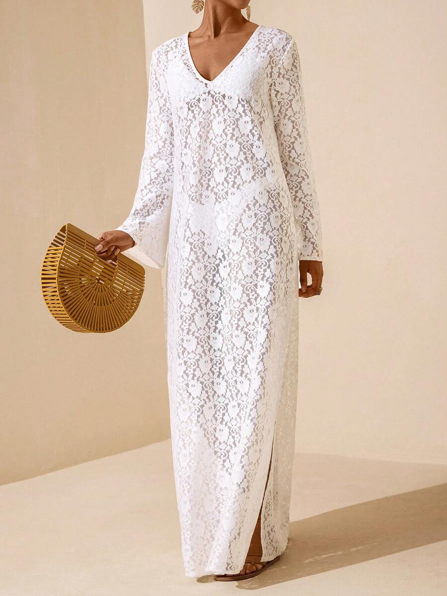 Vesra 女士时尚V领蕾丝开衩长袖连衣裙，半透明 - 白色 - 查看 1