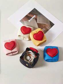 Zazumi Cute Color Block Heart Shaped Coin Purse, Portable Mini PU Leather Storage Pouch, Multi-Functional Earphone Data Cable Organizer Bag - Multicolor - View 4