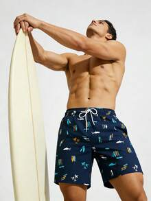 Manfinity Swimmode Men's Summer Vacation Fish Print Drawstring Waist Beach Shorts - Navy Blue - View 5