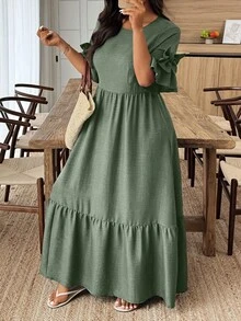 Weeklong Plus Size Casual Solid Color Bow Decor Dress - Army Green - View 1