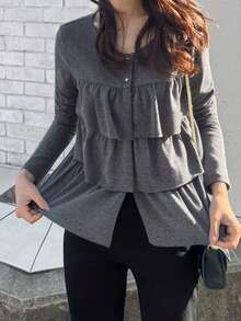 FRIFUL 女士纯色深灰色荷叶边多层褶皱宽松休闲百搭T恤 - 深灰色 - 查看 4