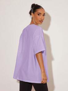 SHEIN BASICS 女款素色圓領落肩休閒寬鬆T恤夏季上衣 - 淡紫色 - 查看 3