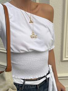 Livesso Women's White Cotton Cinched Waist Asymmetrical Shoulder Short Sleeve T-Shirt - White - View 5