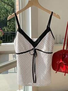 Comfortcana 女士撞色拼接爱心印花系带吊带背心 - 黑色 - 查看 3