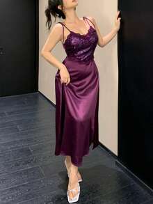 DAZY Women's Lace & Satin Patchwork Sequin Slip Dress Nightgown - Purple - View 8