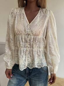 DAZY Women's Textured Embroidered Ditsy Floral Loose V-Neck Drawstring Casual Summer Blouse Going Out Tops Women - White - View 3