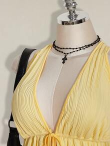SHEIN ICON 加大码黑色露背系带蝴蝶结针织上衣，前系带蝴蝶结吊带上衣，Y2K 基本款露背上衣 - 淡黃色 - 查看 8