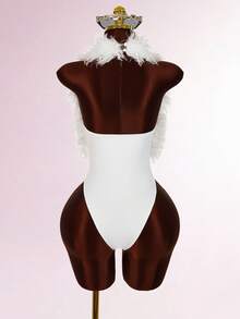 Amplova Wine Red Furry Halter Neck Sexy Bodysuit For Party - White - View 2