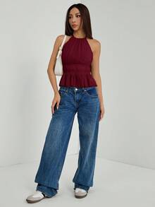 SHEIN PETITE Women's Pleated Halter Neckline Waist-Tied Backless Tank Top - Burgundy - View 6