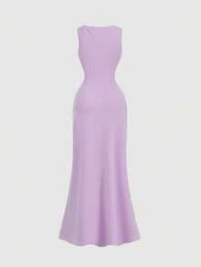 SHEIN MOD 女士纯色金属扣褶裥不对称修身长裙 - 紫色 - 查看 2