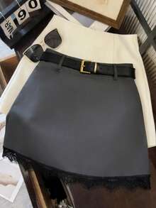 SHEIN Franclia Women's Spring/Summer Lace Trim A-Line Mini Skirt, Office/Commute Wear - Grey - View 3