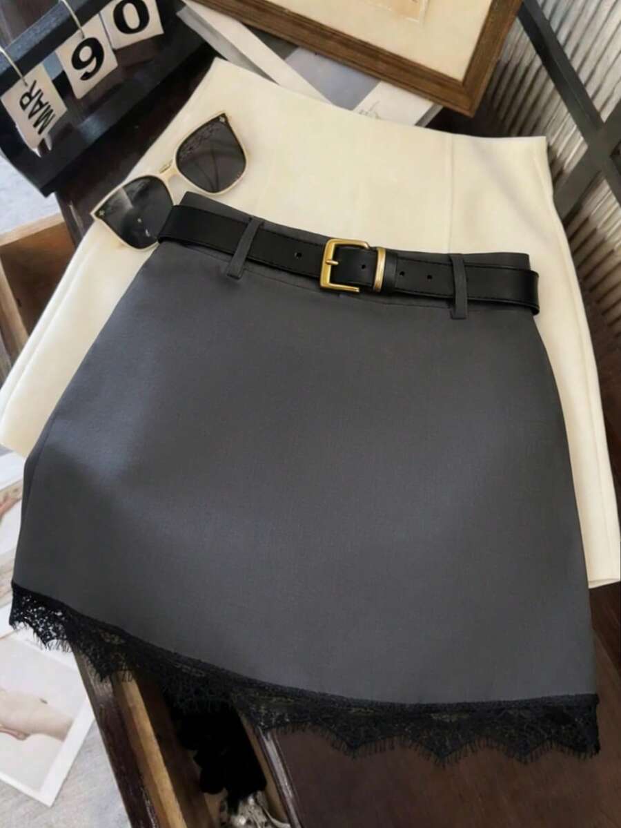 SHEIN Franclia 女士春夏蕾丝边A字迷你裙，适合办公室/通勤穿着 - 灰色 - 查看 1