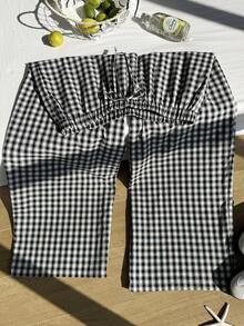 Comfortcana Plus Size Women Waist Tie Plaid Wide Leg Loose Casual Pants - Black and White - View 5