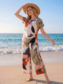 Sylviya 2 件夏季女士乡村花卉印花圆领短袖上衣和阔腿裤套装 - 彩色 - 查看 5