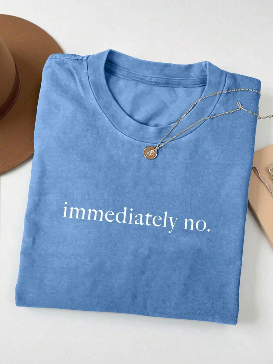 INAWLY Plus Size Summer Casual Letter Print Short Sleeve T-Shirt - Blue - View 1