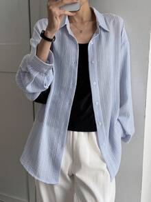 DAZY Women's Striped Drop Shoulder Long Sleeve Single-Breasted Casual Regular Jacket - Blue - View 3