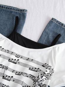 Sparklyn Áo thun 2 trong 1 phong cách đường phố dành cho bé gái tuổi teen, có in chữ, khẩu hiệu và hình ảnh xe hơi, thiết kế tay ngắn hở vai, thích hợp cho các hoạt động giải trí mùa hè, mua sắm và chụp ảnh. - Đen và trắng - Xem 3