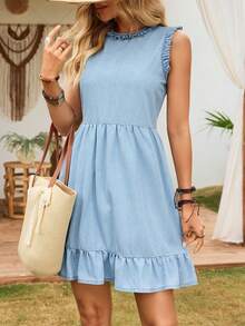 EMERY ROSE Women's Casual Ruffle Hem Sleeveless Denim Dress - Light Wash - View 6