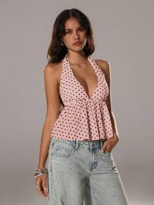 TRNVIE 优雅波点V领露背上衣，女士春夏款 - 粉色 - 查看 4