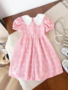 Genkimix Kids Young Girl Cute Ruffle Collar Bow Decor Casual Fashion Dress - Pink - View 2