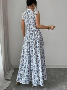 Rafferiza Vestido elegante de mujer con cuello en V, estampado floral diminuto y encaje en contraste, adecuado para vacaciones - Beis - Ver 2