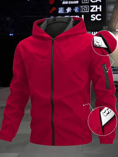 Manfinity Homme Áo khoác dài tay có mũ trùm đầu, màu trơn, túi khóa kéo, đa năng dành cho nam, thích hợp cho hoạt động ngoài trời.