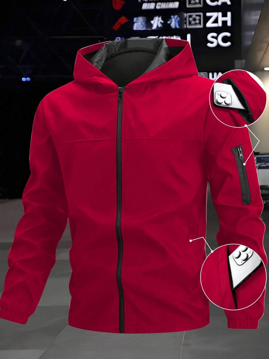 Manfinity Homme Áo khoác dài tay có mũ trùm đầu, màu trơn, túi khóa kéo, đa năng dành cho nam, thích hợp cho hoạt động ngoài trời. - Đỏ - Xem 1