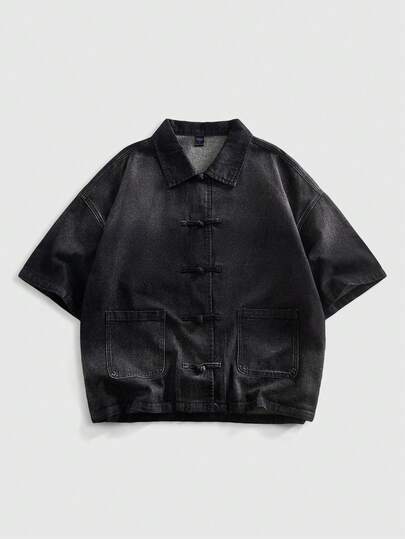 ROMWE MEN Street Life Áo sơ mi denim ngắn tay dáng rộng in họa tiết dành cho nam