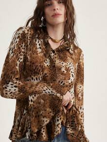 Aveloria Modichic Leopard Print Flounce Hem Shirt, Lively Leopard Print Design, Playful Yet Stylish Silhouette, Suitable For Dates, Outings, And Gatherings With Friends - Multicolor - View 2