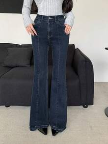 Dazy Tall Jeans de campana elegantes para mujer con lavado desgastado - Azul lavado oscuro - Ver 2