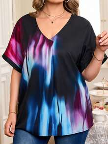 Rosumi Plus Size Women's Elegant Casual V-Neck Short Sleeve Loose Blouse,Summer Spring Vacation Tops,Black Formal Evening Festa Dress Women Summer Tops - Multicolor - View 4