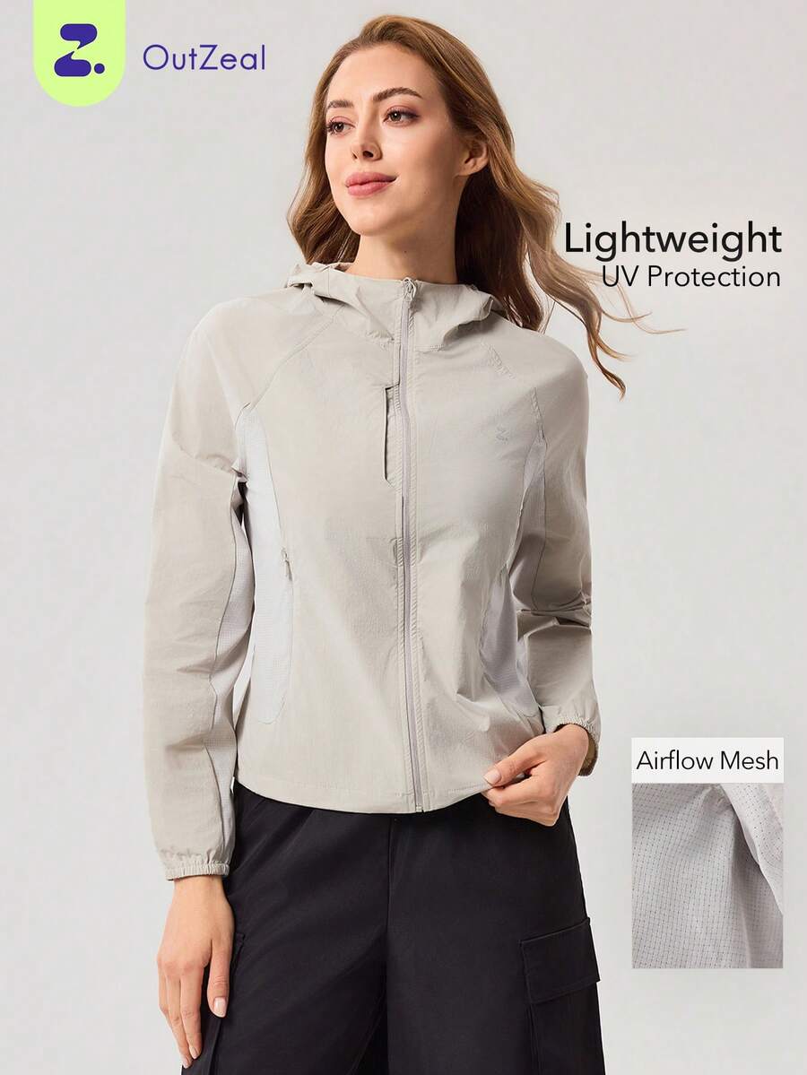 OutZeal 女士防晒夹克 露营徒步 防紫外线 轻便可收纳 拉链上衣 - 米色 - 查看 1