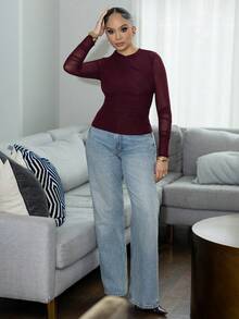 Melissa Matos 女士纯色褶皱修身T恤，适合通勤；酒红色可爱单肩长袖网纱透视修身时尚上衣，适合秋季；复古酒红色时尚领口褶皱性感派对上衣；女士上衣；圣诞节服装风格女士新年外出上衣；女士圣诞上衣；女士露脐上衣复古风格女士上衣；女士露脐上衣复古风格女士上衣 - 咖啡棕 - 查看 1